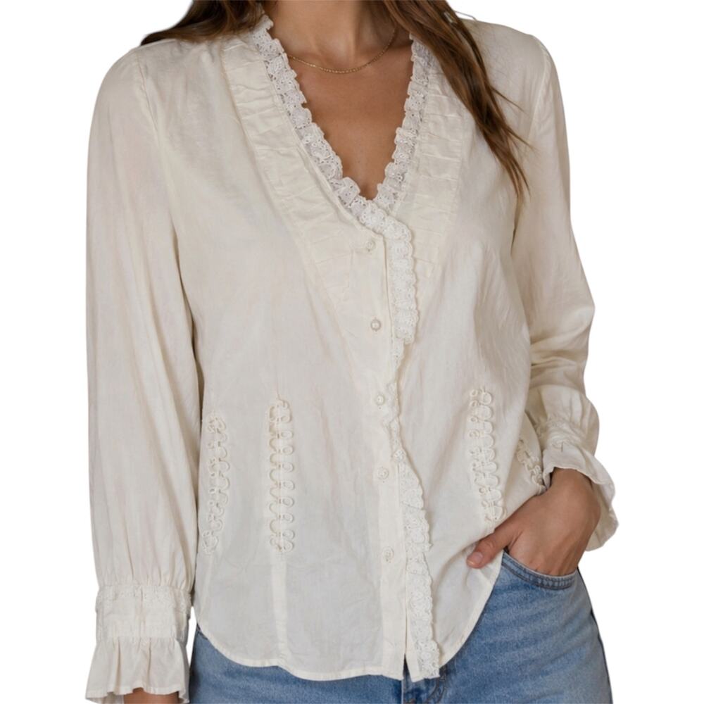 Scully Button Up Shirt Bell Sleeve Lace Trim Collarless Cinch Back White Medium